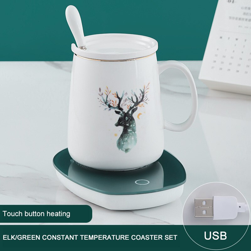 Constant Temperature Coaster Intelligent 55 Degree Automatic Heating Warm Coaster Thermos Cup Heating Water Cup Coaster: Green coaster Elk / touch sensor