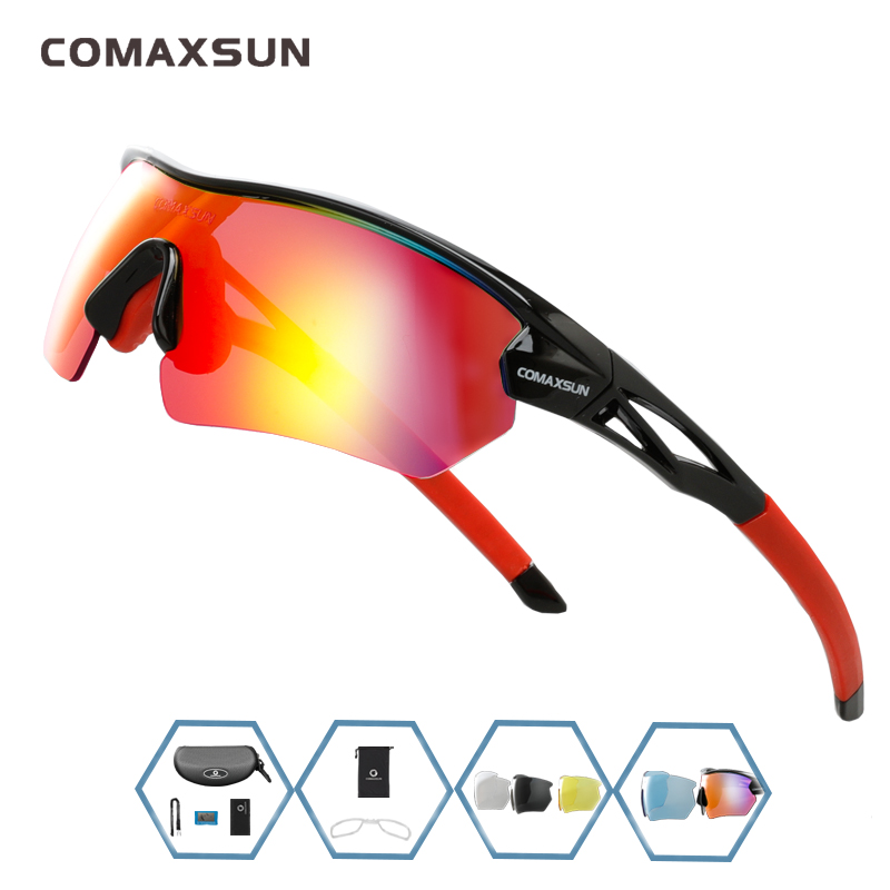 COMAXSUN Polarized Cycling Glasses Bike Goggles Outdoor Sports Bicycle Sunglasses UV 400 With 5 Lens TR90 2 Style: Style 2 BLACK RED