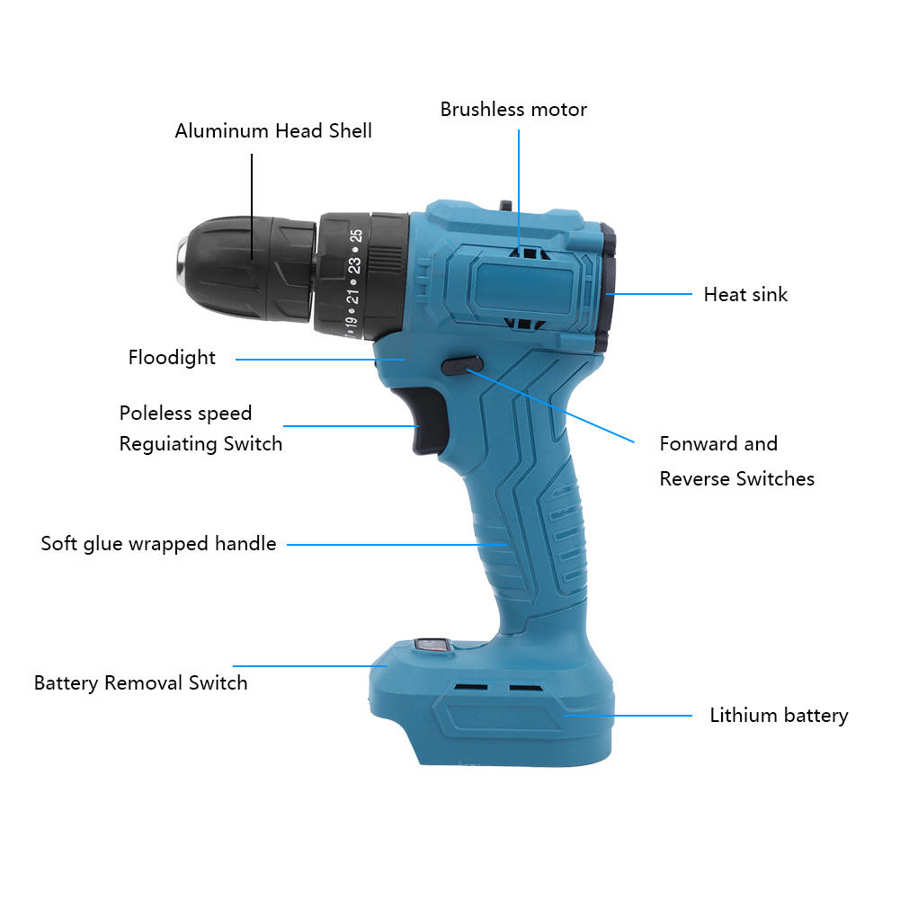Electric Brushless Hand Drill Lithium Rechargeable Battery Hand Drill with Light 21V Electric Tools Brushless Hand Drill