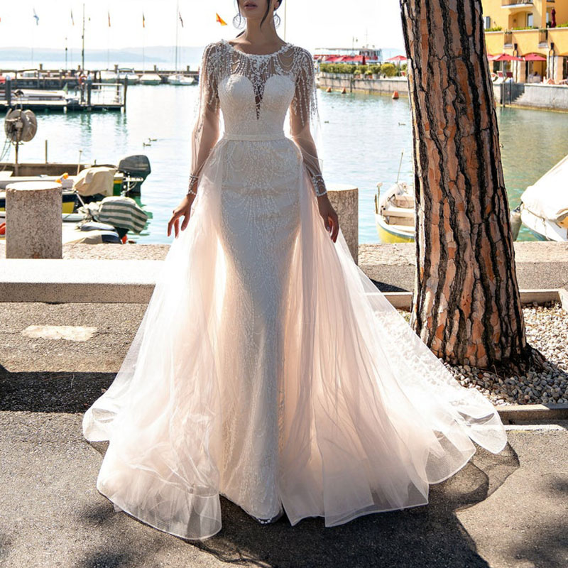 White Detachable Organza Overskirt Elastic Waistband Floor Length Long Tailing Appliqued Detachable Maxi Skirt Wedding Skirt