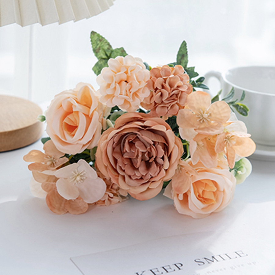 Artificial Flowers 7 Fork Silk Rose Peony Hydrangea Festival Wreath Decor Wedding Wreath Home Room Table DIY Craft Accessories: L / Champagne