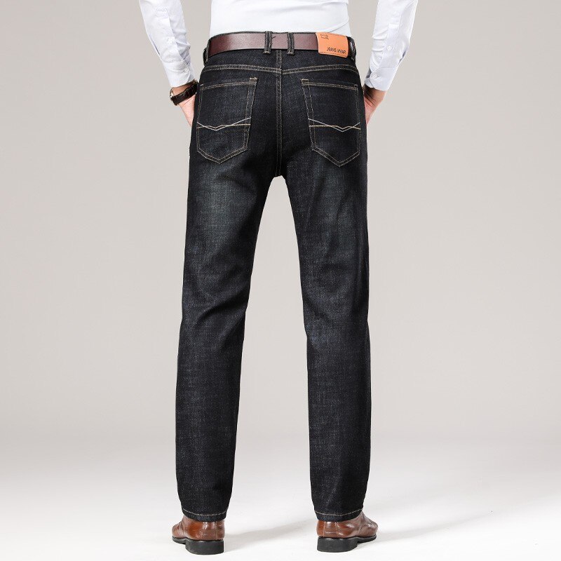 Mænd efterår stretch løs pasform brede ben moda masculina bukser herre jeans klassisk afslappet pasform denim bukser biker