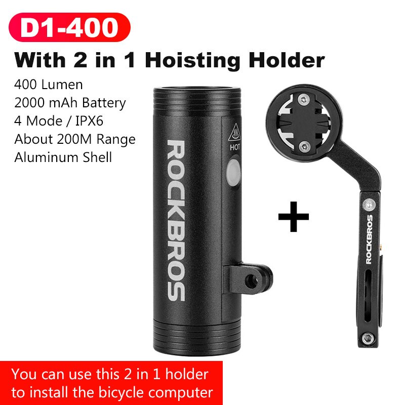 ROCKBROS 400/800 Lumen Bike Front Light Rainproof Bicycle LED Light Flashlight USB Charging MTB Road bike HeadLight Floodlight: D1-400 With Holder