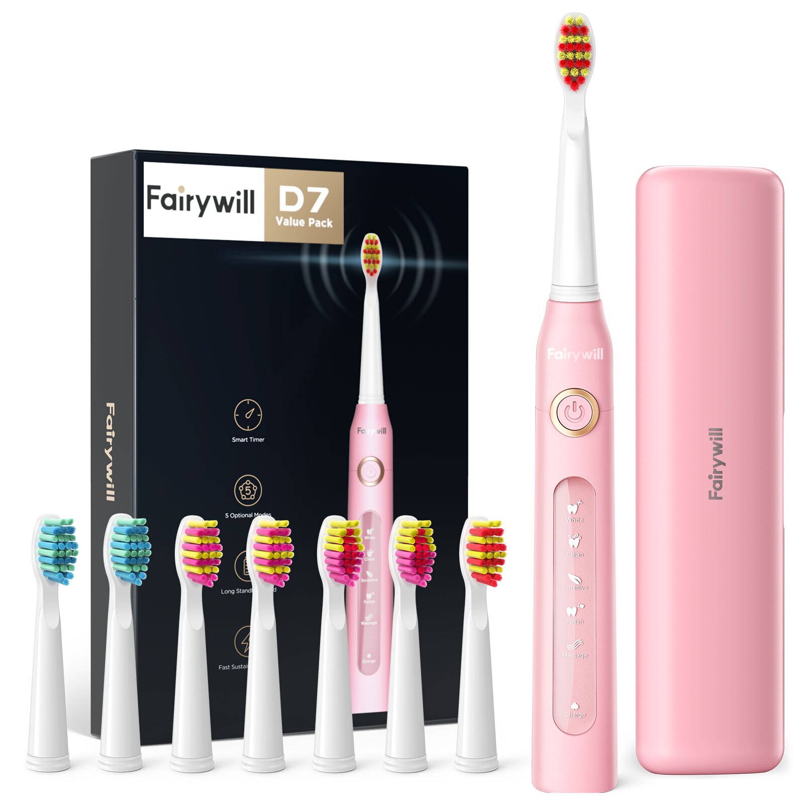 Fairywill-cepillo de dientes eléctrico sónico para adulto, recargable por USB, FW-507, resistente al agua, cabezales de repuesto: FWET507Pink-420-8
