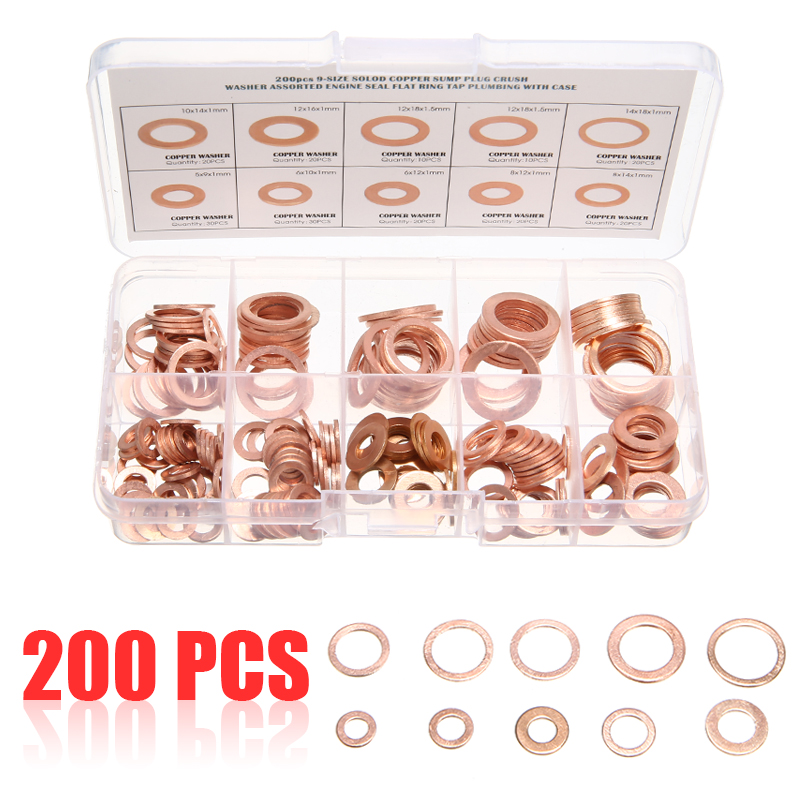 200pcs Solid Copper Washer Gasket Seal Flat Ring Fuel Hydraulic Fittings Set for Full Set Gaskets