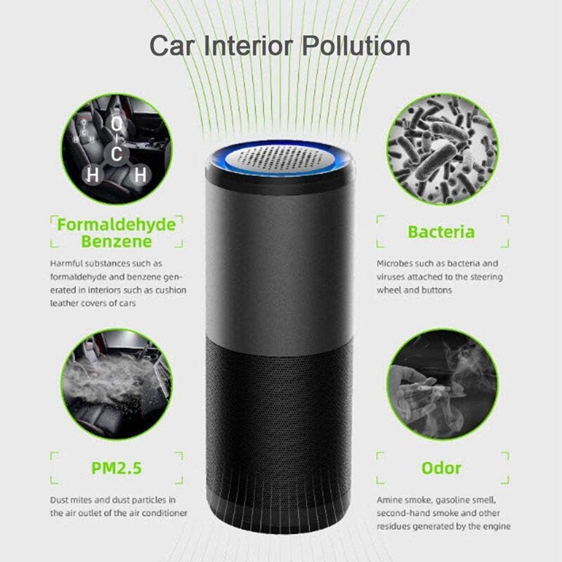 Tragbarer uv-luftreiniger fürs Auto, hepa-Filter, aromatherapie, tötet 99.9%  % der viren und bakterien ab, usb-anschluss, schwarz