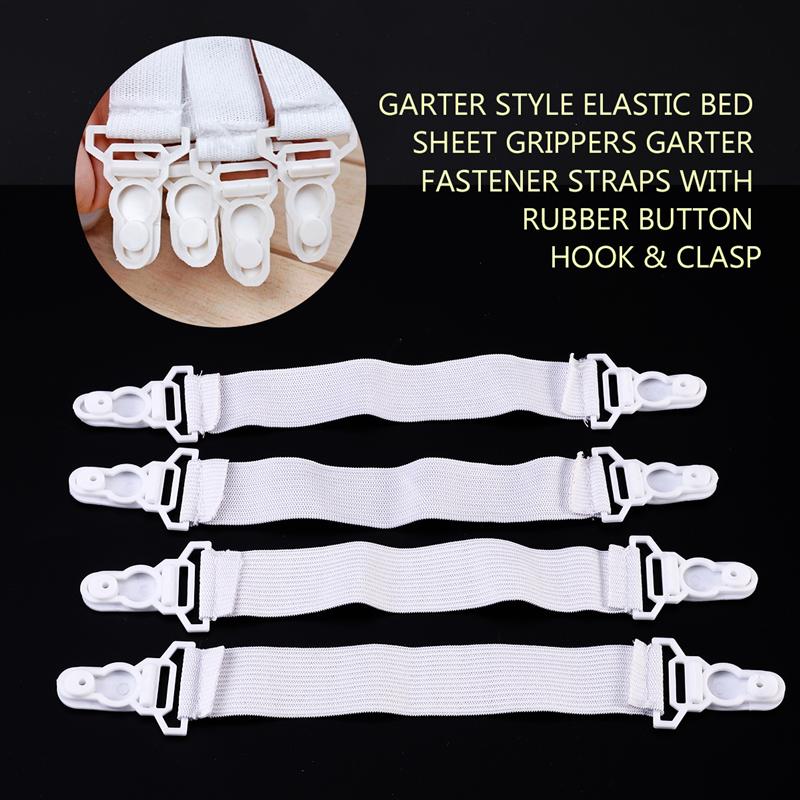 OUNONA 4pcs Garter Style Elastic Bed Sheet Grippers Garter Fastener Straps with Rubber Button Hook & Clasp
