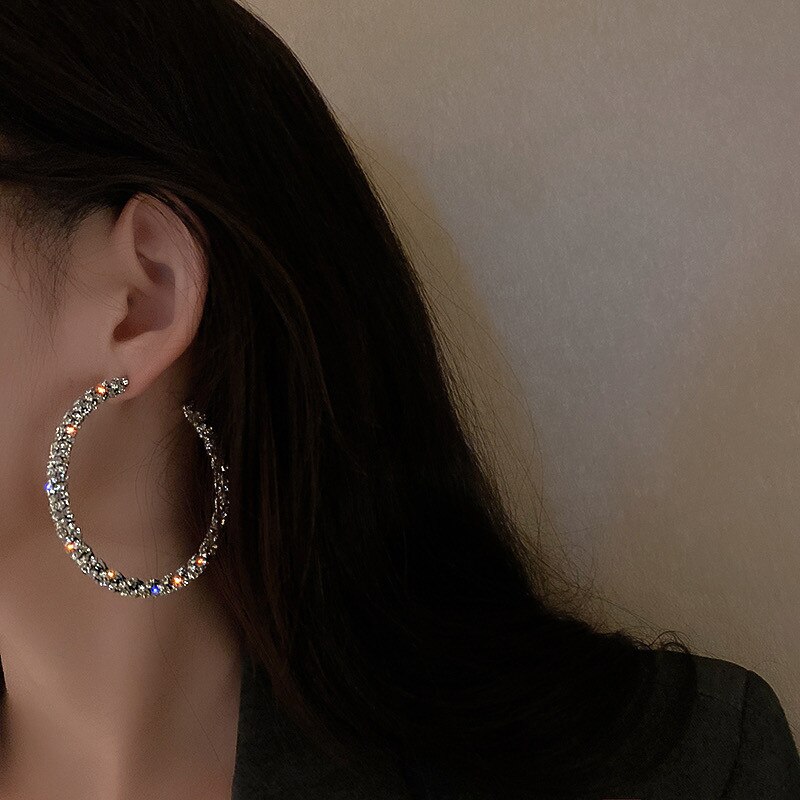 Fyuan Mode Grote Ronde Crystal Hoop Oorbellen Voor Vrouwen Bijoux Zilveren Kleur Strass Oorbellen Verklaring Sieraden Party