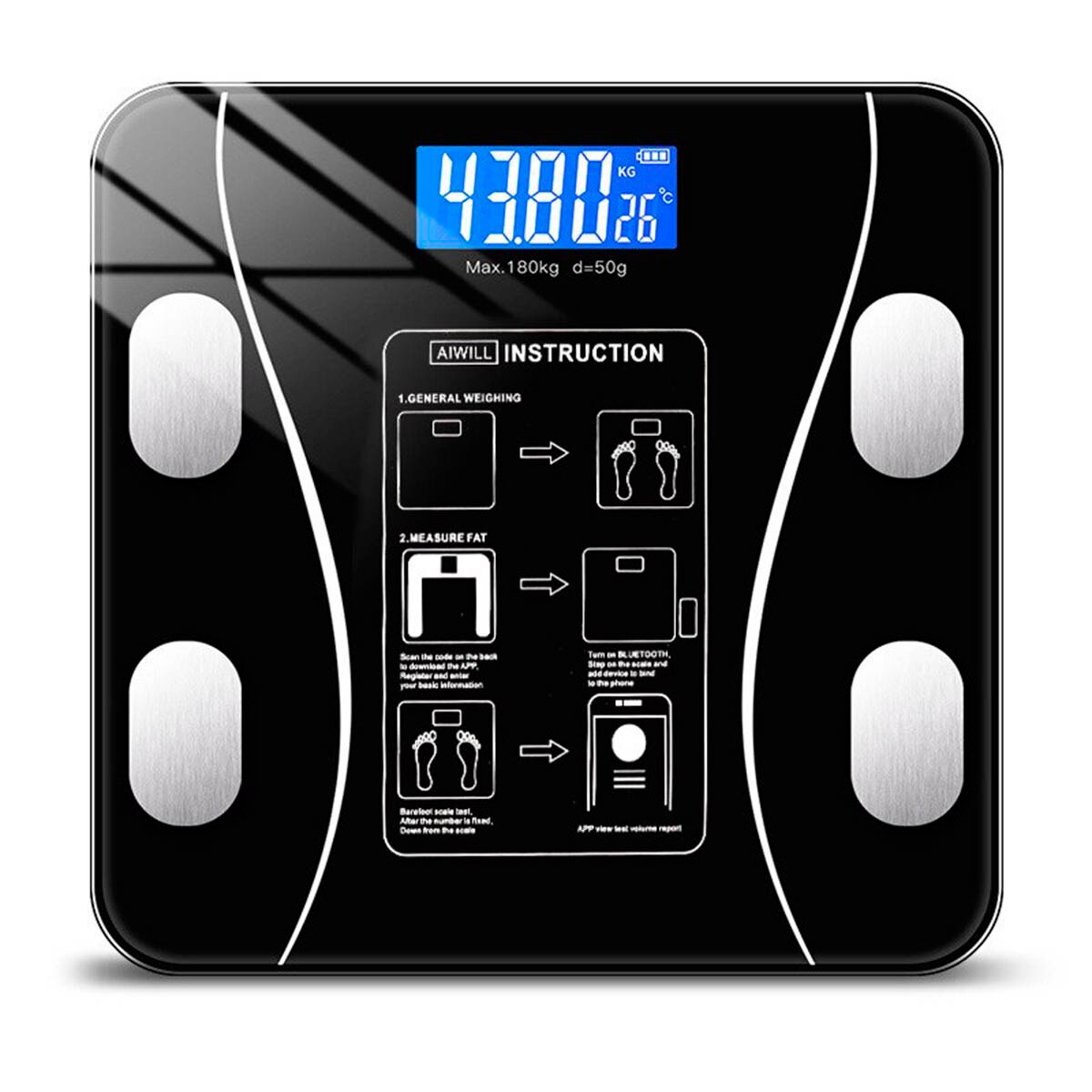 Báscula Digital Bluetooth Inteligente con 12 mediciones, moderna, , precisa, resistente, vidrio templador, pantalla LCD, compatible con móvil o Tablet, app IOS y Android, bascula de baño, basculas, bascula