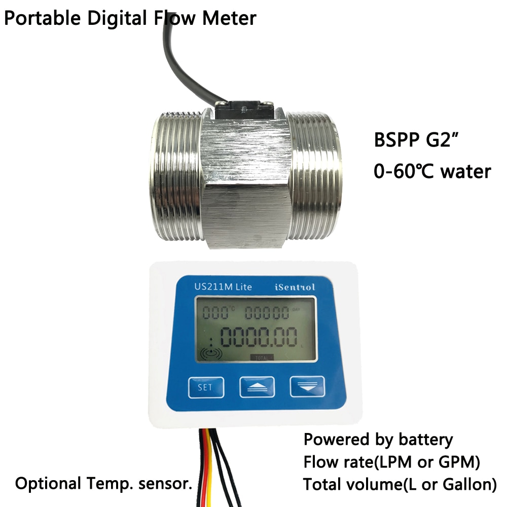 US211M Lite Portable Digital Flowmeter and Turbine Water Flow Sense BSPP G2" SUS304 USS-HS20TA 10-200LPM Sensor iSentrol