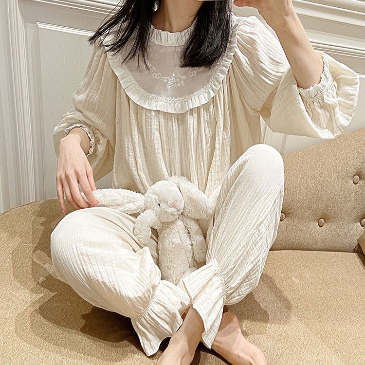 2 Colors Spring Women‘s Sleepwear Princess Pajama Sets Vintage Lady Girl Embroidery Pyjamas Set French Style Antique Nightwear