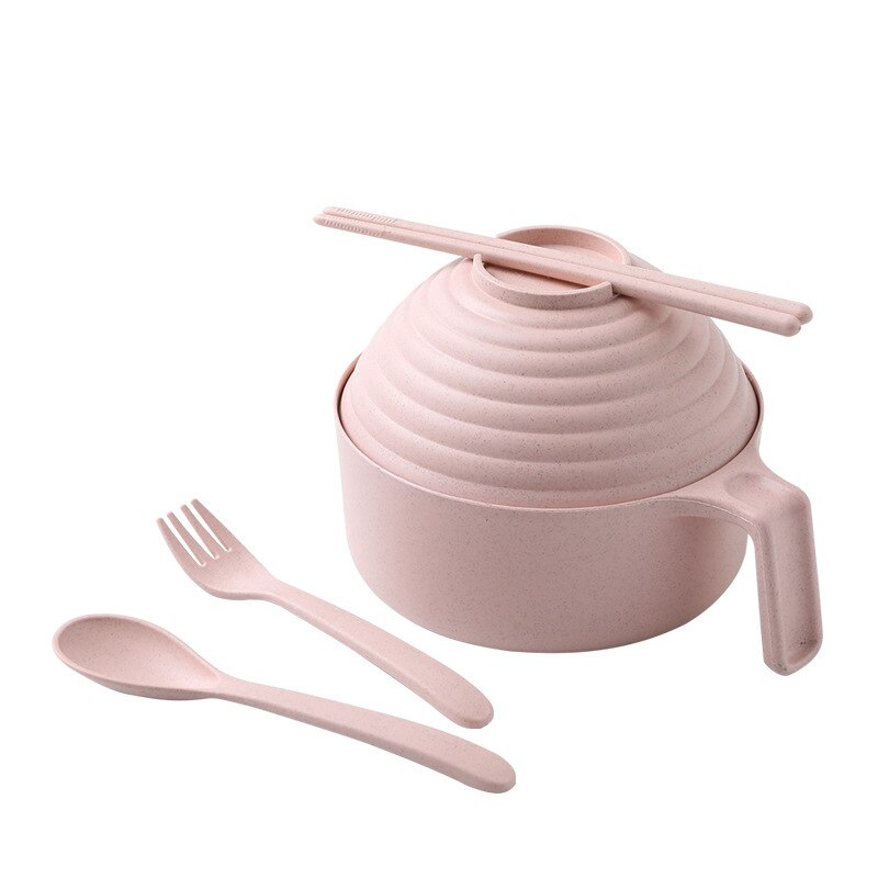 5Pcs Wheat Straw multifunctional with lid bowl spoon fork chopsticks Eating Dinnerware Set Anti bowl Microwavable Bowl: Pink
