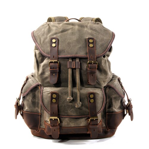 Muchuan Katoen Olie Wax Canvas Rugzak Heren Grote Capaciteit Vintage Waterdichte Rugzak 15 "Laptops Daypacks Klinknagels Boekentas: Army Green