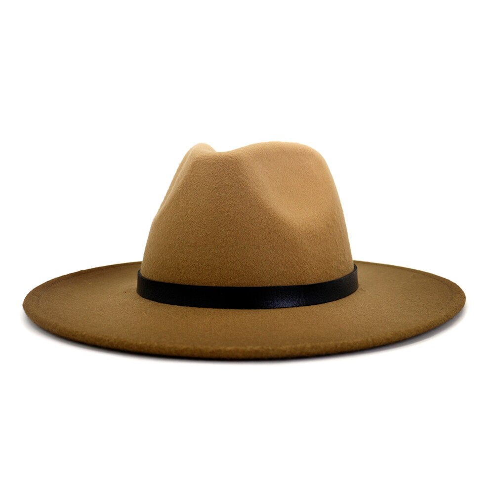 Fs kvinder fedora hat bred rand uldhuer til mænd følte gradient farve jazz panama hatte kirke vintage cowboy trilby hatte: Kamel
