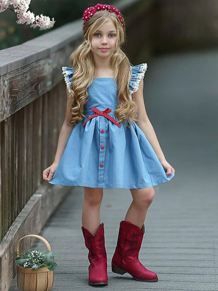 Baby Meisjes Katoenen T-shirt Jurk Kleding Set Zomer Kids Leuke Blauwe Jurken Met Boog En Knop Kant Ruche Mouw vestisdos