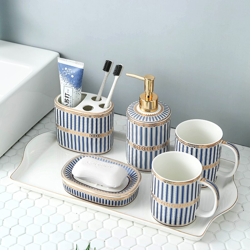 Luxury Blue Gold Ceramic Bathroom Five-piece Bathroom Supplies Soap Dispenser Brushing Mouth Cup Soap Dish Tray Toiletry Set