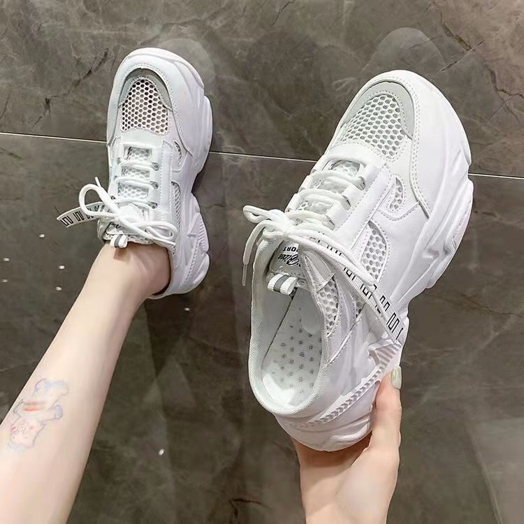 Neue Frauen Turnschuhe Hausschuhe Atmungsaktivem Gittergewebe lässig Maultiere Schuhe Weibliche Sneaker Spitze hoch Freizeit Frauen Vulkanisieren Rutschen: Weiß / 37