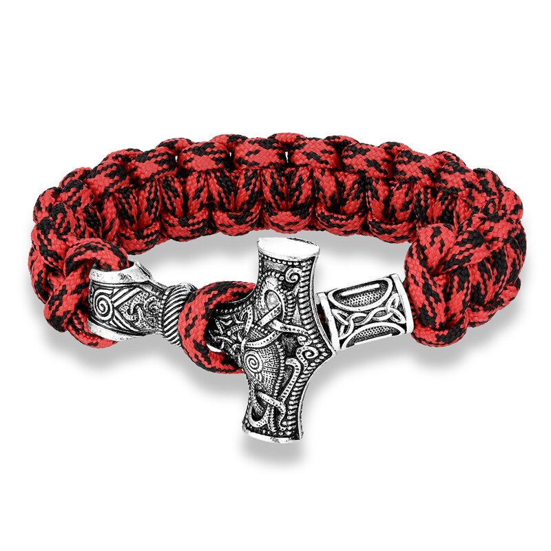 Mkendn pulseira de cordas viking, pulseira de sobrevivência de cordão de metal artesanal, thor mjolnir, cordão de paracord: V078