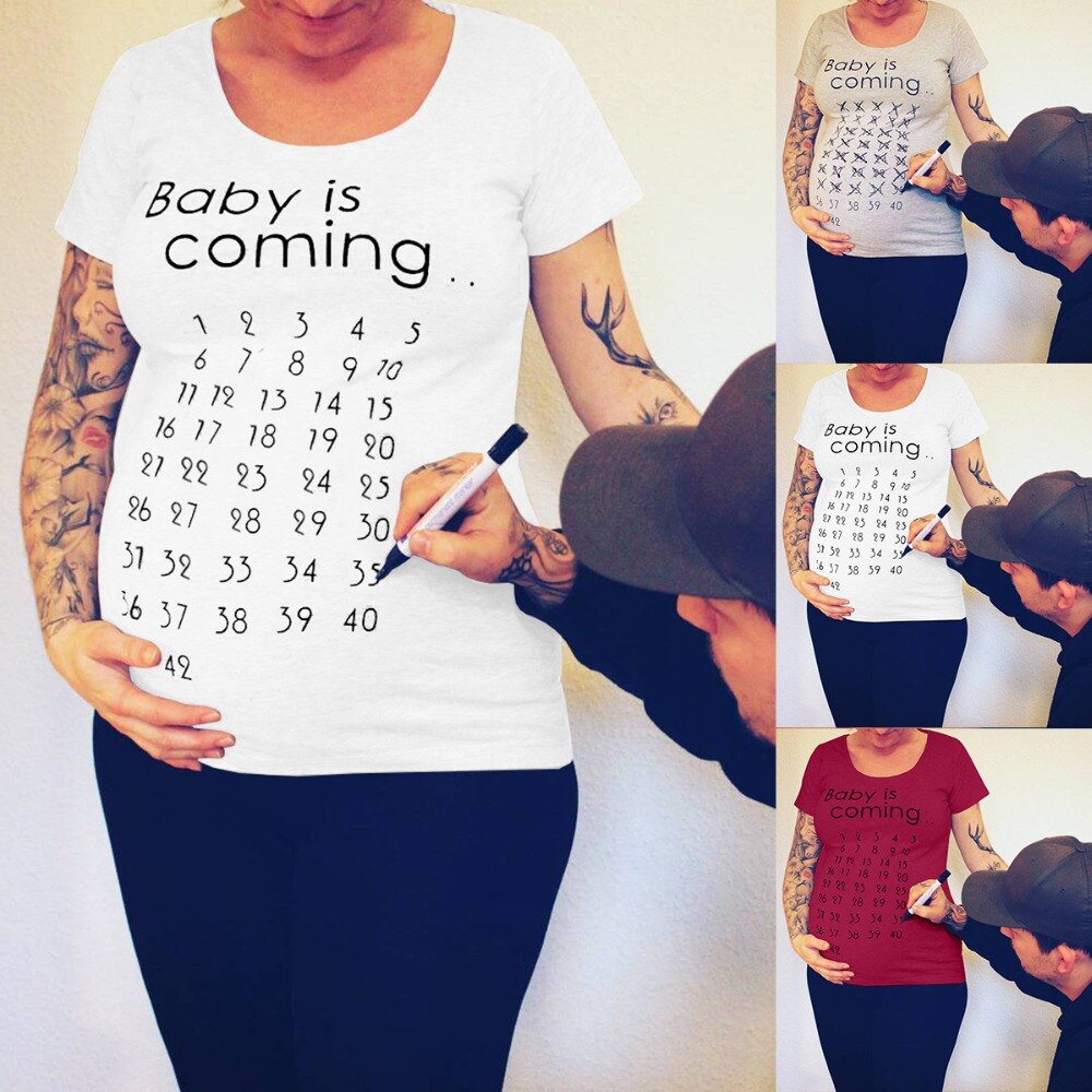 Baby Ist Kommende Druck T-Shirt Frauen Mutterschaft Kleidung Schwangere Kurze T Shirt Lustige oben für Fotografie Foto Schießen Plus Größe