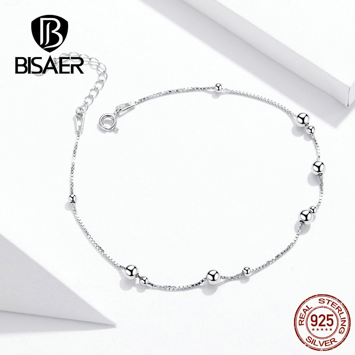 Bisaer-tobillera de plata fina para mujer, colgantes de bola redonda, Simple, joyería de verano, tobilleras de estilo moderno para mujer GXT005