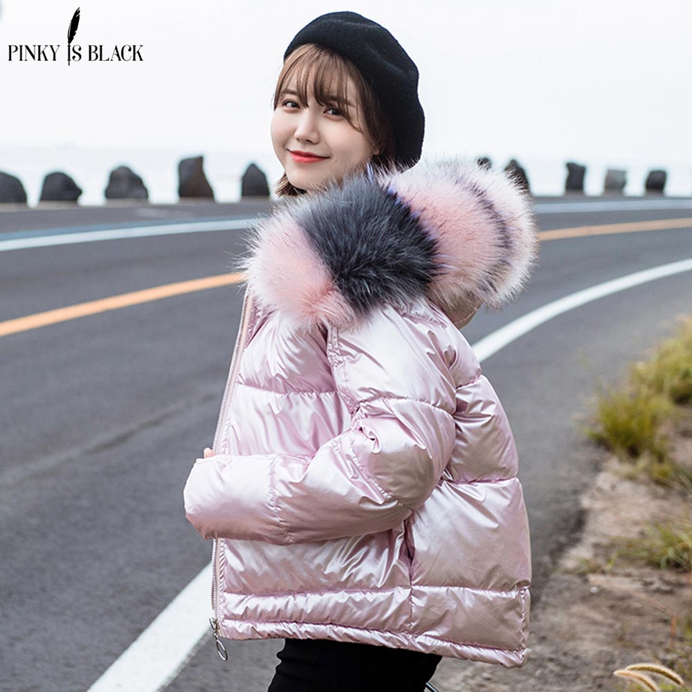 PinkyIsBlack mujer invierno Parkas chaqueta abrigo brillante cálido mujeres Abrigo con capucha de piel corto algodón acolchado chaqueta de invierno Mujer: Rosa / M