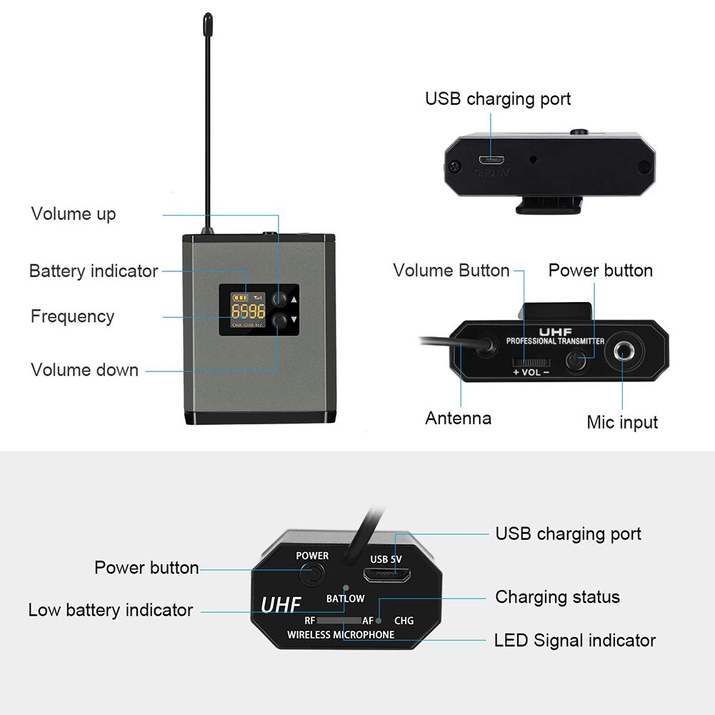 Microfono senza fili Sistema di 3.5/6.35mm Senza Fili Microfono Lavalier Microfono Mini Risvolto Mic Portatile Trasmettitore per il Discorso di Registrazione