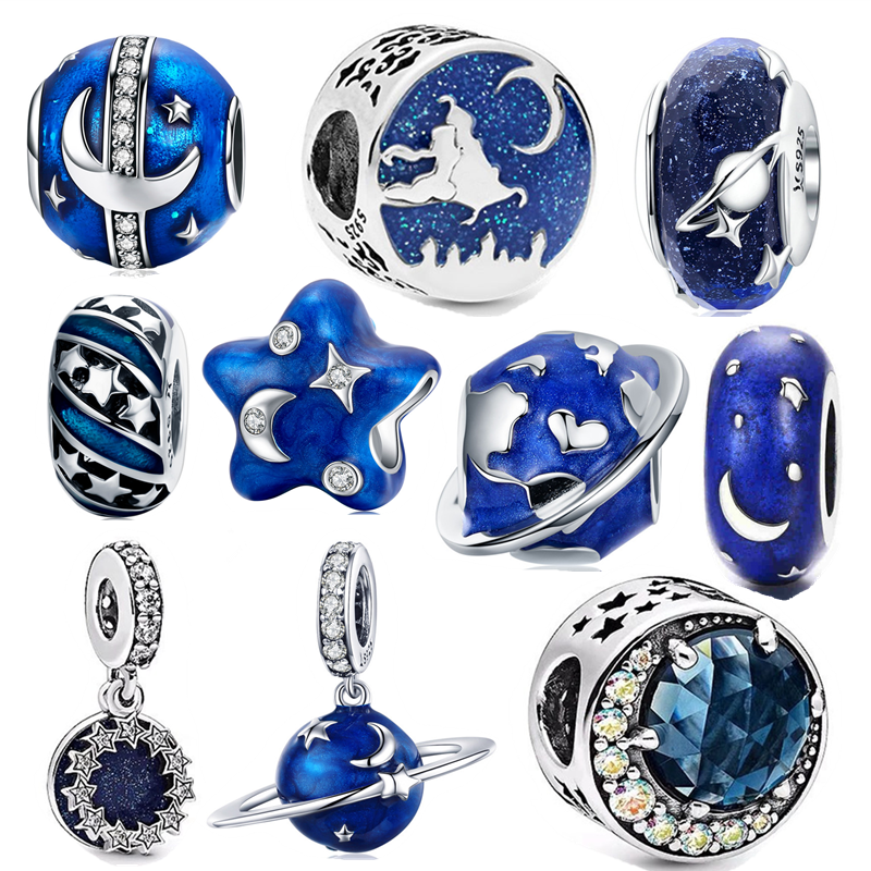 fit Europe Bracelet Silver 925 Original Blue Universe Planet Star Moon Beads S925 Astronomical Space UFO Charms Jewelry Making