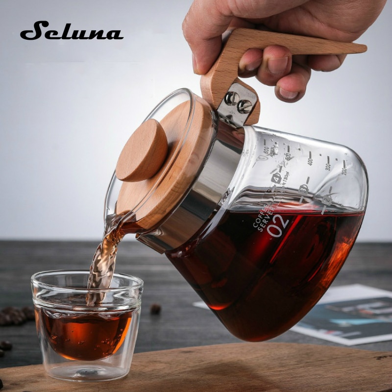 Wooden Handle Pour Over Glass Range Coffee Server Glass Coffee Maker Hand Drip Coffee Pot Dripper Pots Glass Kettle Brewer Clear