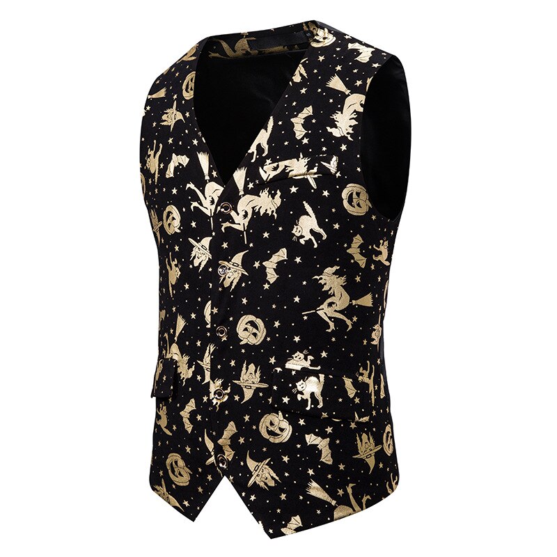 Goud Pompoen Print Halloween Vest Mannen Brand Single Breasted V-hals Vest Mannen Party Tuxedo Vesten Chalecos Para Hombre