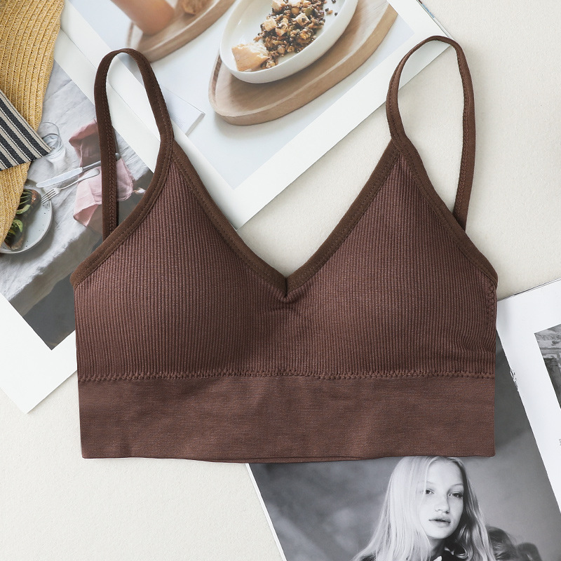 ATHVOTAR Women V-Neck Tube Top Bralette Soild Color Push Up Bra Padded Wireless Thin Shoulder Strap Top Bra Underwear: coffee