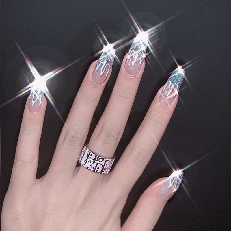 Faux-ongles européens, décoration artistique, flamme, bleu, violet, motif feu, couverture complète, pour décoration pour les ongles, nouveauté