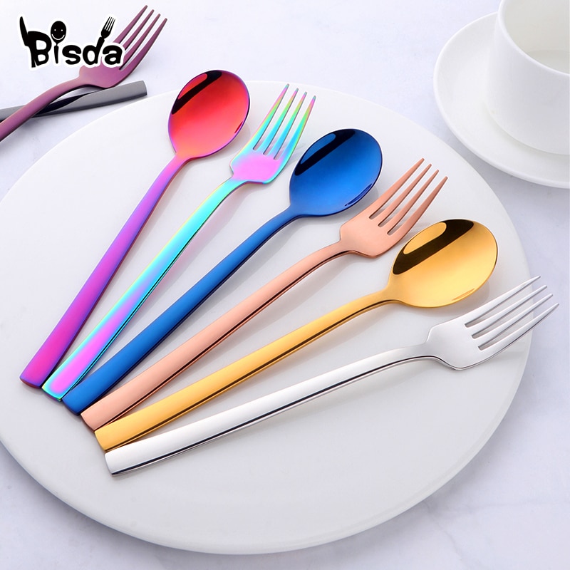 2PC Korean Spoon and Fork Set Stainless Steel Soup Spoon Blue Dinnerware With Long Handle Metal Gold Spoon And Fork
