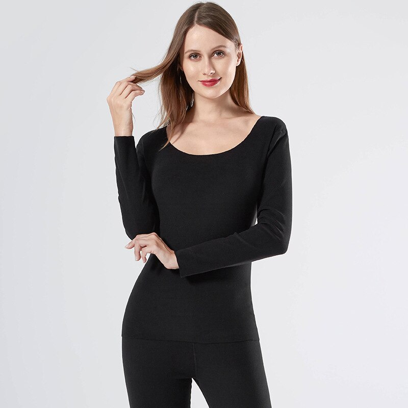 Thermal Underwear Set Women's Autumn Winter o Neck Long Sleeve Top Ladies Warm Suit Solid Casual Thermo Undershirt for Female: Black