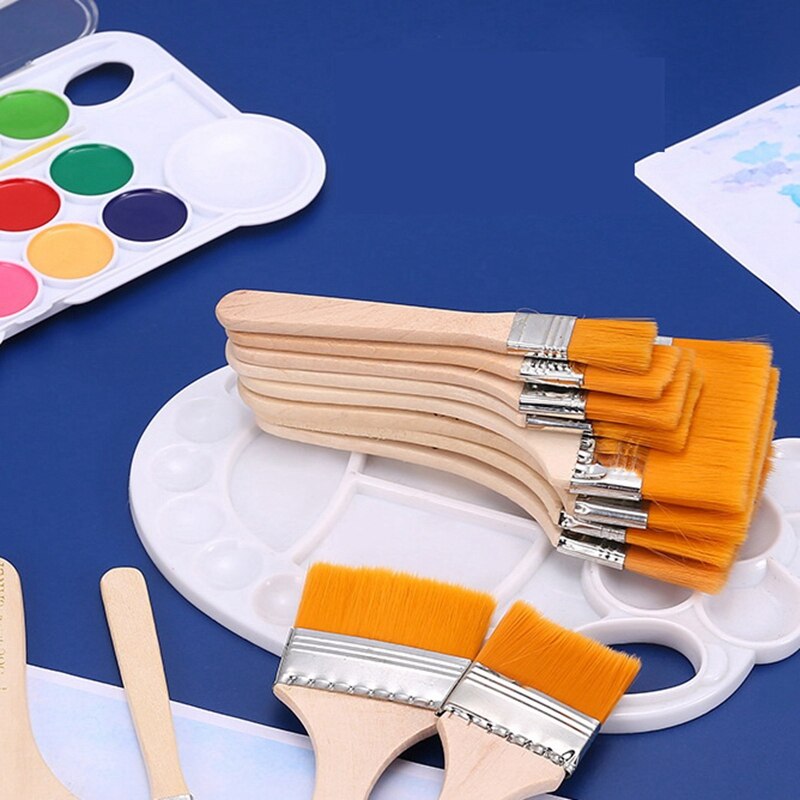 Retail 12 Pcs Flat Head Paint Brush Art Paintbrush Sets Long Handle Cleaning Brushes for Acrylic Painting Watercolor Wood Wall