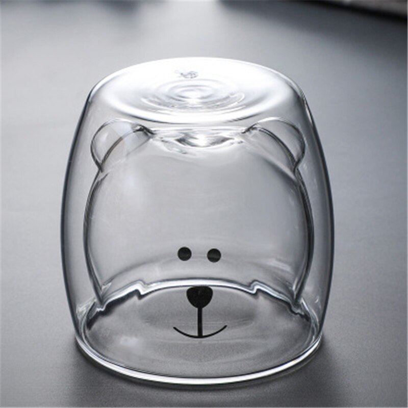 Prevent Scald Cartoon Lovely Double Glass Milk Coffee Cup Kids Party Drinkware Glass Round Mouth Cute Beer Mugs Bear Tea Cups: L
