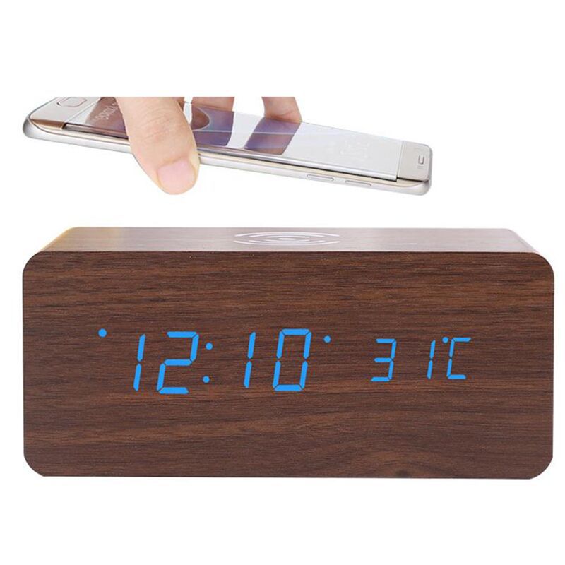 Wireless charging table clock digital alarm clock led decorative clock alarm clock table clock electronic clock with thermometer: Brown blue