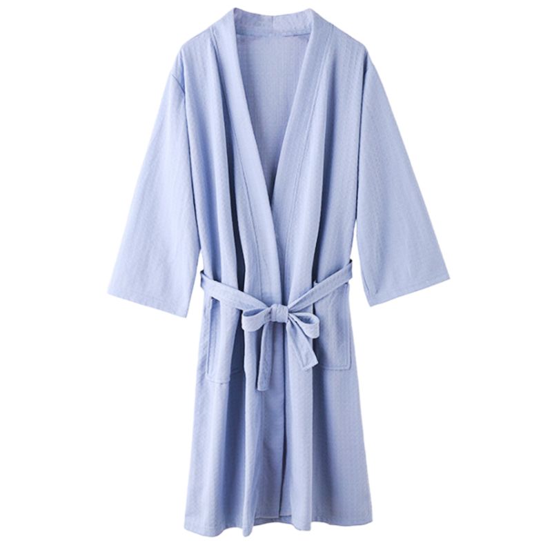 Unisex plus size løs badekåbe vaffelvævet sommer tynd kimono natkjole åben front bælte quick dry lounge nattøj: Blå / Xxxl