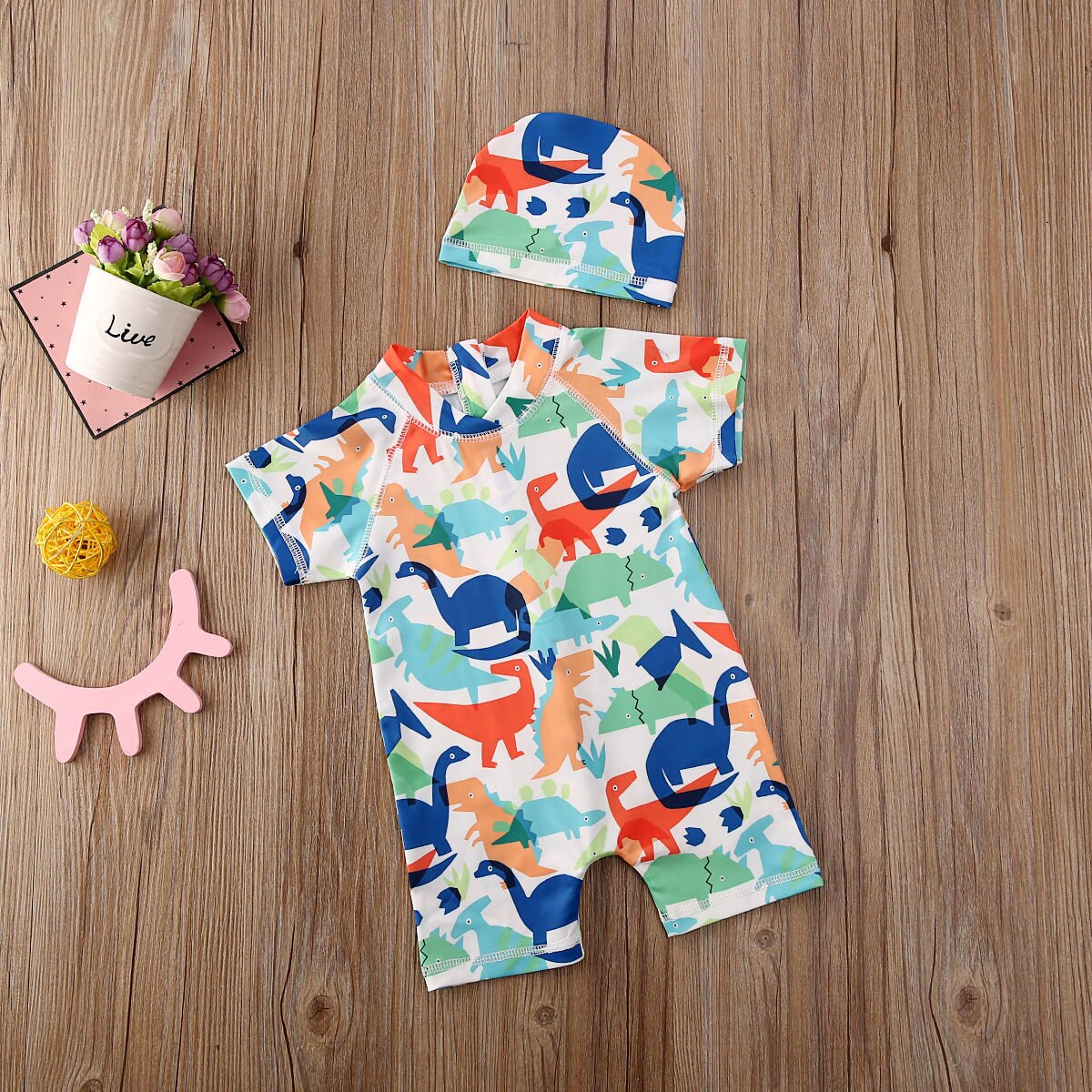 Toddler boy girl one piece short-sleeved jumpsuit with cartoon dinosaur pattern bodysuit swimsuit