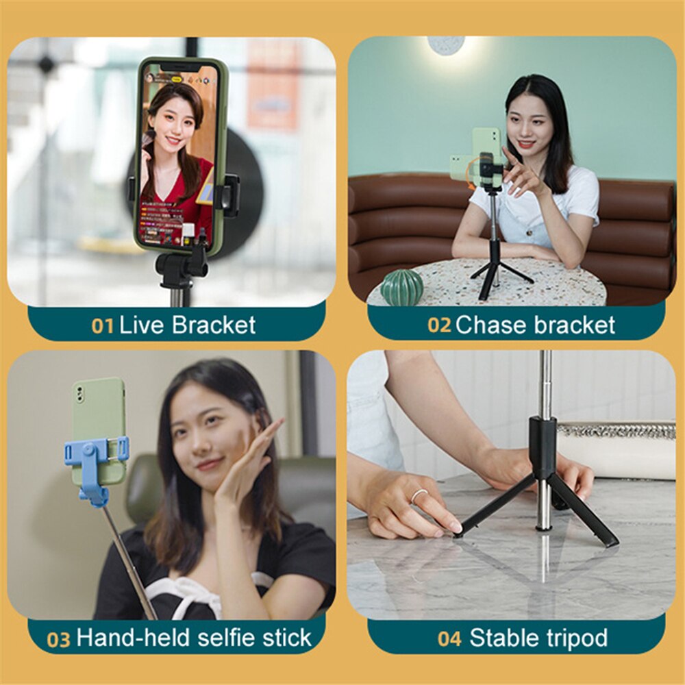 Tragbarer, kabelloser bluetooth-selfie-stick mit ausziehbarem und faltbarem stativ für ios, android und iphone.