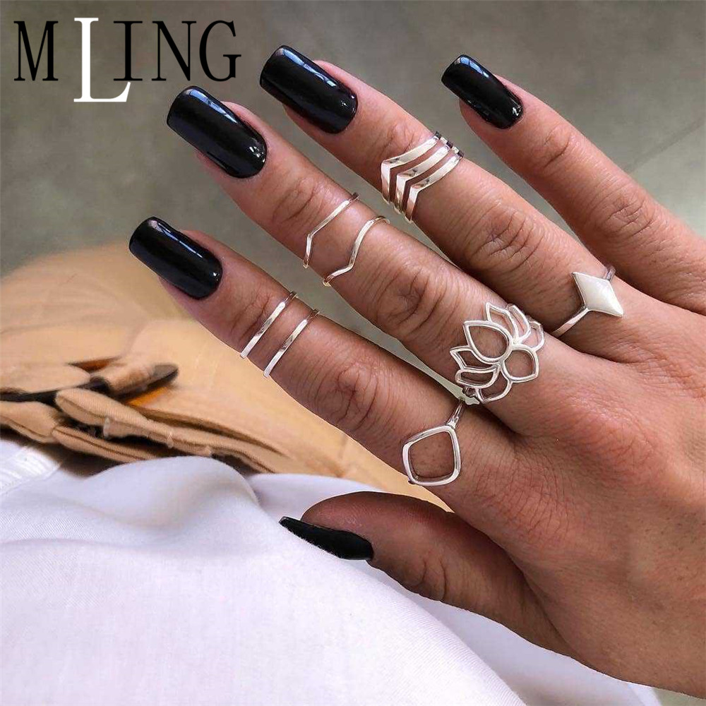 Mling 12 Stks/set Vintage Lichtmetalen Ring Set Mode Lotus Wave Moon Star Geometrische Ring Set Voor Vrouwen