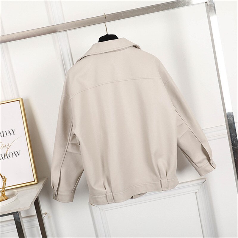 Goohojio Beige Pu Jassen Vrouwen Herfst Faux Lederen Bovenkleding Casual Oversized Motorfiets Biker Leren Jas Vrouwelijke