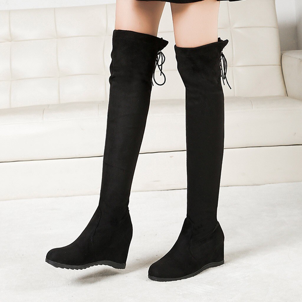 Over Knee Boots Women Winter Wedges Shoes Solid Increased Over Elastic Stretch Lace-Up Platform Shoes Stiefel