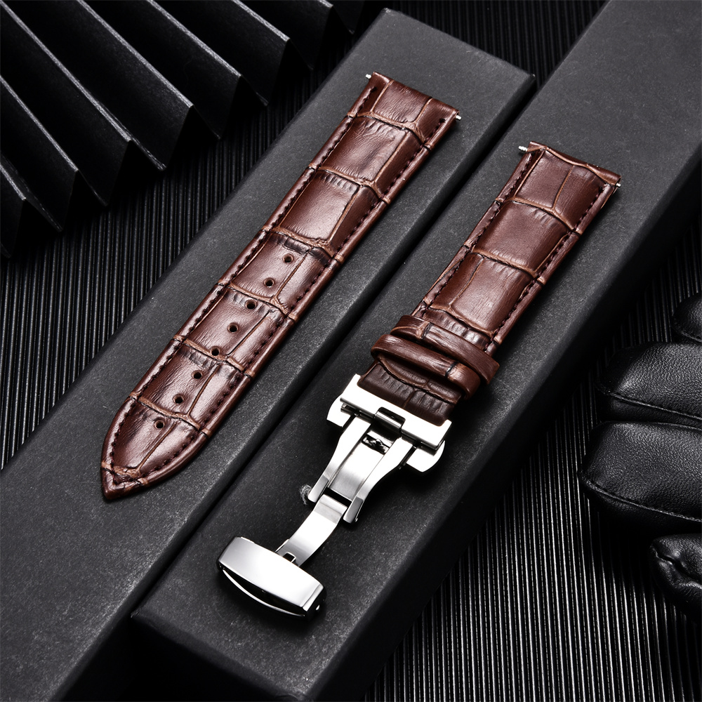 Pulseiras de couro de bezerro genuíno negócios substituir pulseira de relógio 18mm 20mm 22mm 24mm com fivela borboleta pulseira de relógio de pulso