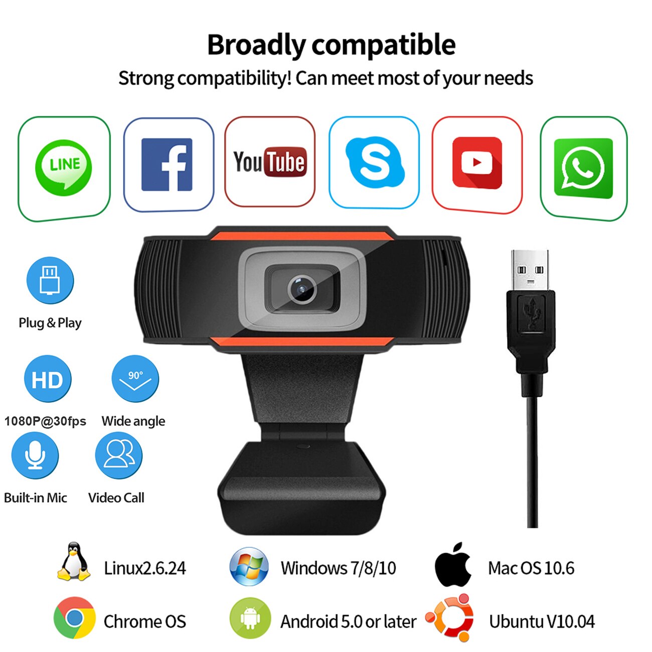 Webcam 1080P Full HD USB Webcam with Microphone USB Plug and Play Video Call For PC Computer Desktop Gamer Webcast: Black