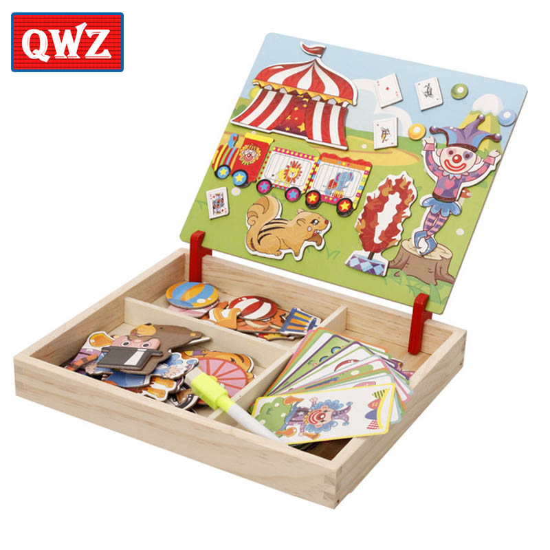 Multifunctional Wooden Magnetic Puzzle Toys Children 3D Puzzle Figure/Animals/ Vehicle /Circus Drawing Board Learning Wood Toys: QWZ070-circus-N