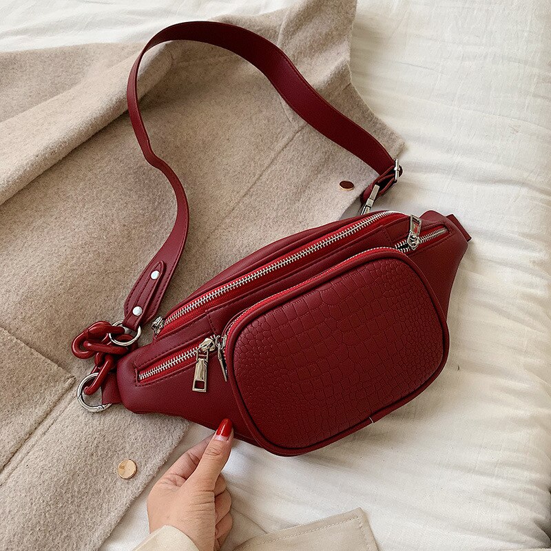 Stone Pattern PU Leather Chain Waist Bag Bananka Bag on A Belt Leisure Fanny Pack Women Satchel Belly Band Belt Bag: Burgundy