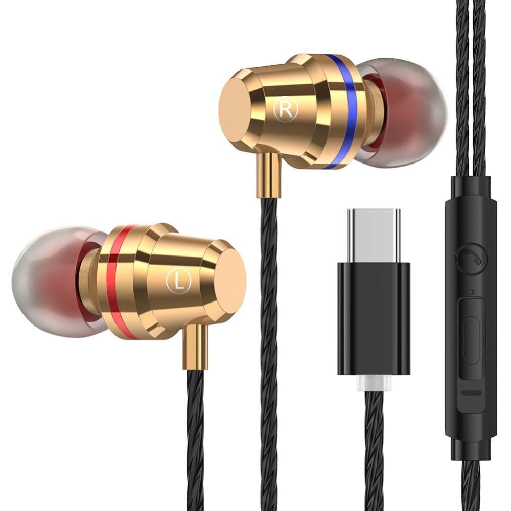 Earphones Sports Dual Drivers 4 Units Heavy Bass HiFi In-ear Wired Earphones Headphones Earbuds Type-C headset With Microphone: Golden Type-C