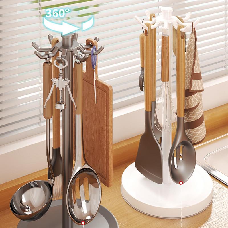 Soporte para utensilios de cocina con 8 ganchos, organizador de cubiertos de encimera giratorio de 360 grados para palas, cucharas, estante de almacenamiento para el hogar