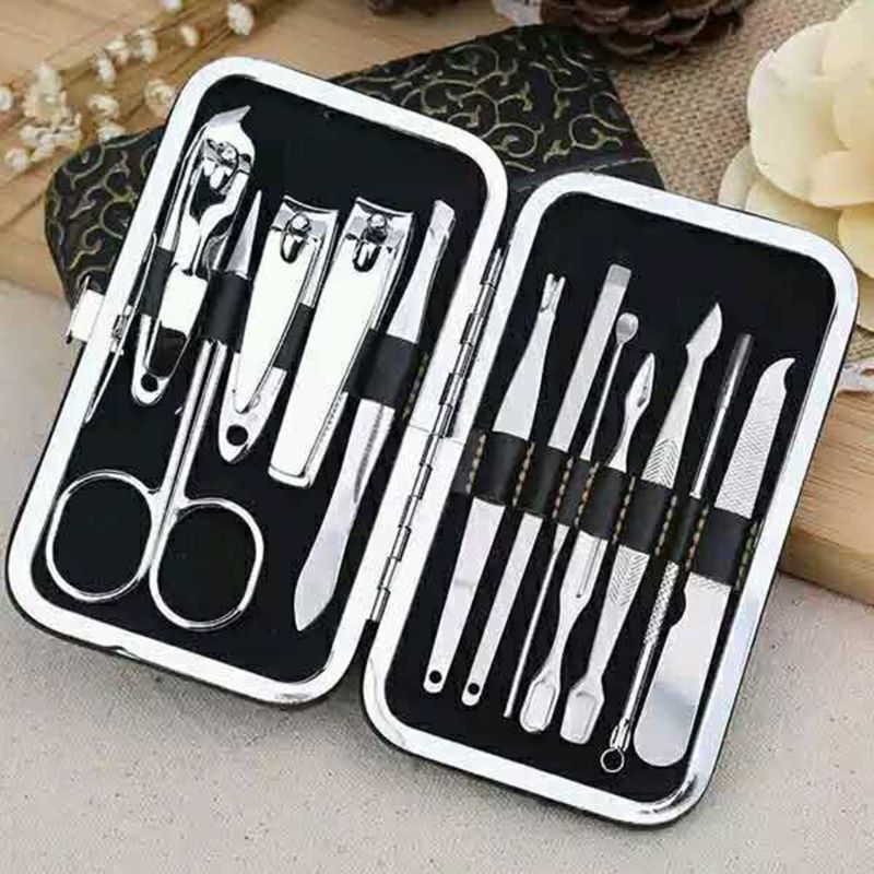 Kit de manicura para pedicura , juego de aseo de maquillaje de acero inoxidable negro, cortador de oreja, pinzas, tijeras