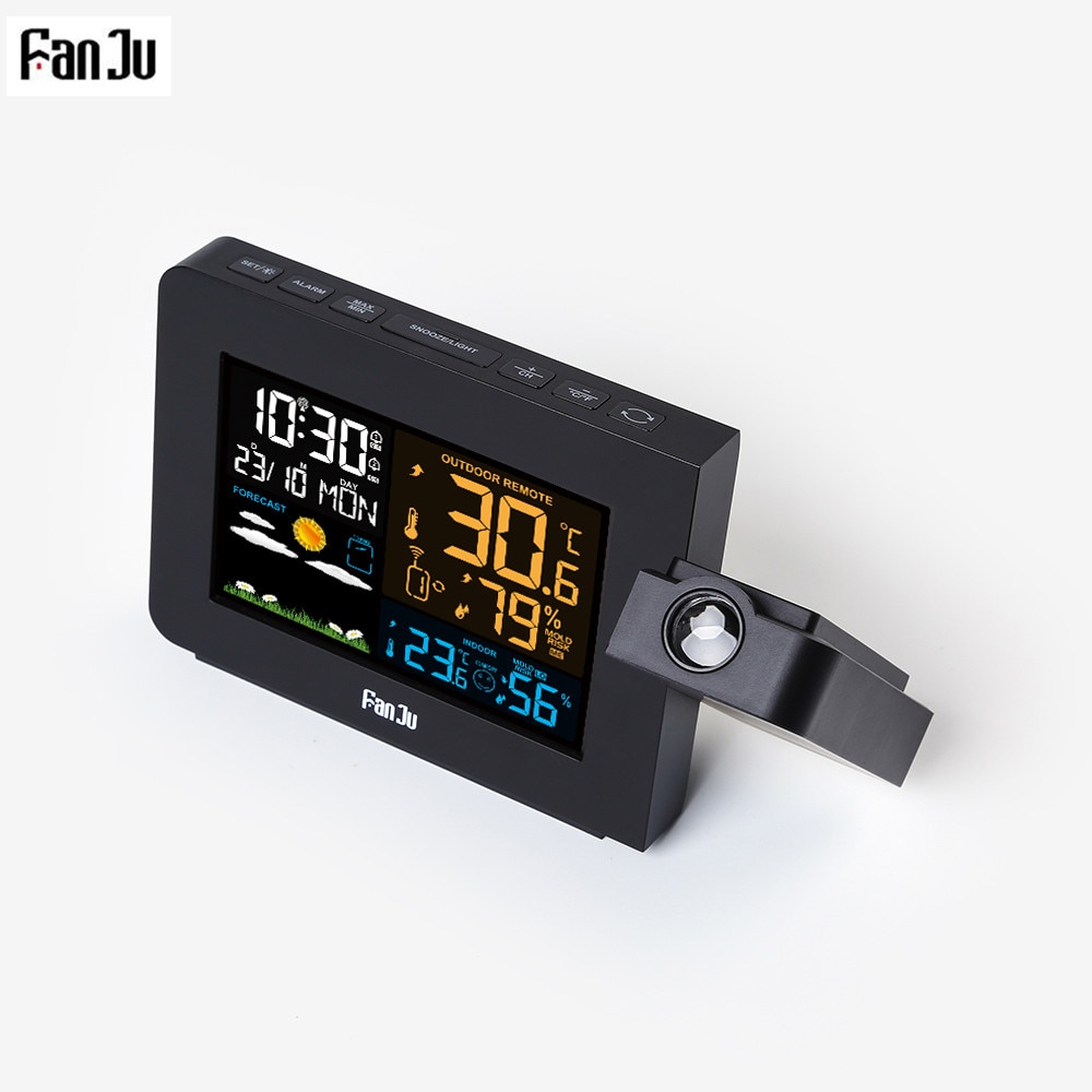 FanJu FJ3391 Weather Station with Projection |Weather Monitor |DCF Radio control | Calendar |7 languages| Backlight Alarm Clock